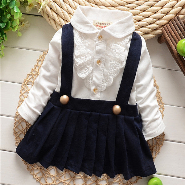 1-5Y Kids Girls Suspender Cotton Dress Long Sleeve Lace Floral Tops Baby Party Dresses PY SM6