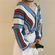 New  Fashion Korean style Summer Elegant Striped Blouse V-Neck Button Shirt Sexy Casual Blusas Women Tops 72514 SM6