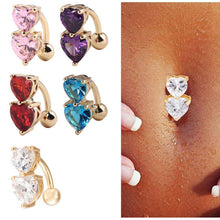 Two Hearts Button Navel Ring Reverse Crystal Zircon Bar Belly Ring Gold Body Piercing Women Sexy Navel Barbell SM6