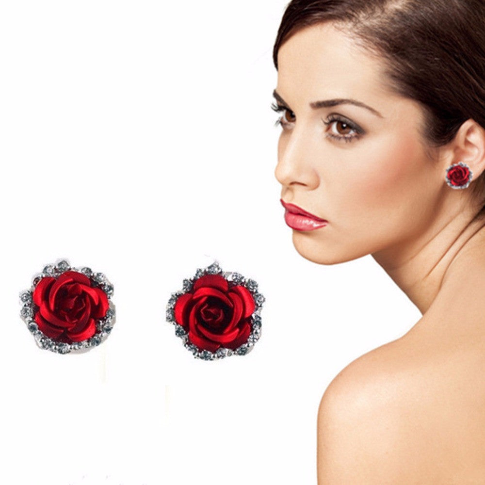 Elegant Charm Women Gold Plated 3 Colors Austrian Crystal Rose Pierced Stud Earrings For Gifts SM6