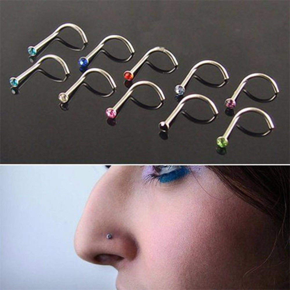 10Pcs Mix Colors Rhinestone Hook Bone Bar Pin Piercing Jewelry Nose Studs Rings SM6