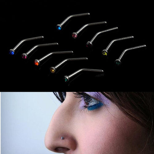 10Pcs Rhinestone Stainless Steel Screw Nose Hoop Ring Stud Body Piercing Pretty SM6