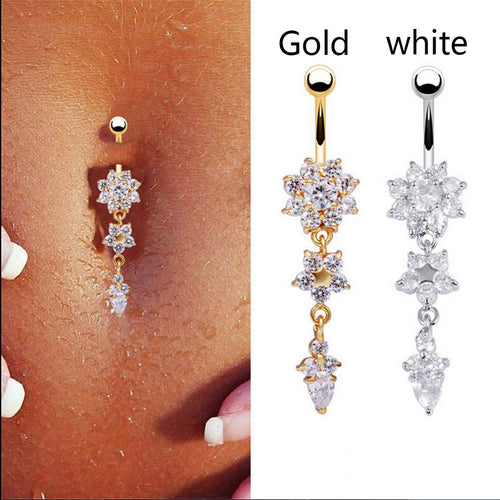 18K Gold Plated Dangle Flower AAA Crystal CZ Navel Bell Button Rings Sexy Body Piercing Navel Body Jewelry SM6