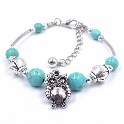 Charm Bangle Jewelry Birthday Gift Women Vintage Charm Jewelry Silver Plated Owl Turquoise Bracelets SM6