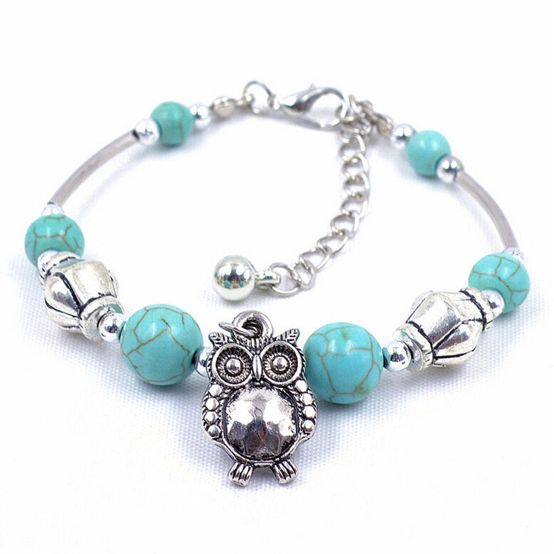Charm Bangle Jewelry Birthday Gift Women Vintage Charm Jewelry Silver Plated Owl Turquoise Bracelets SM6