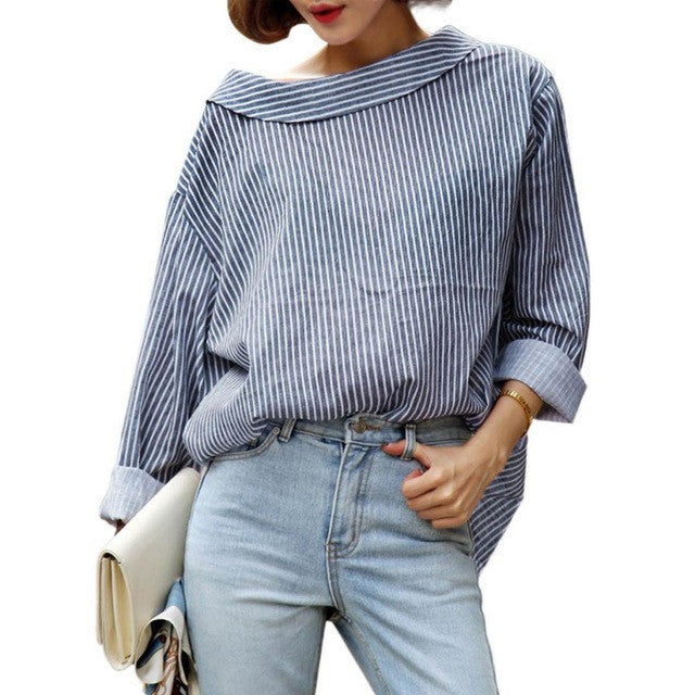 1PC Fall  Fashion Women Blouses Blue Striped Long Sleeved Shirts Women Tops   Ladies Blouses SM6