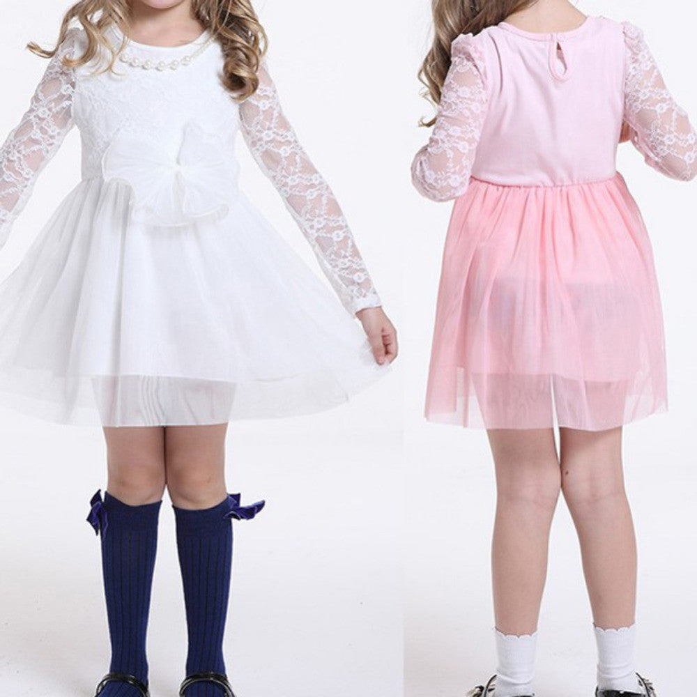 Kids Baby Girls Lace Dress Long Sleeve Princess Party Dresses Pearl Necklace 2-6 YSM6