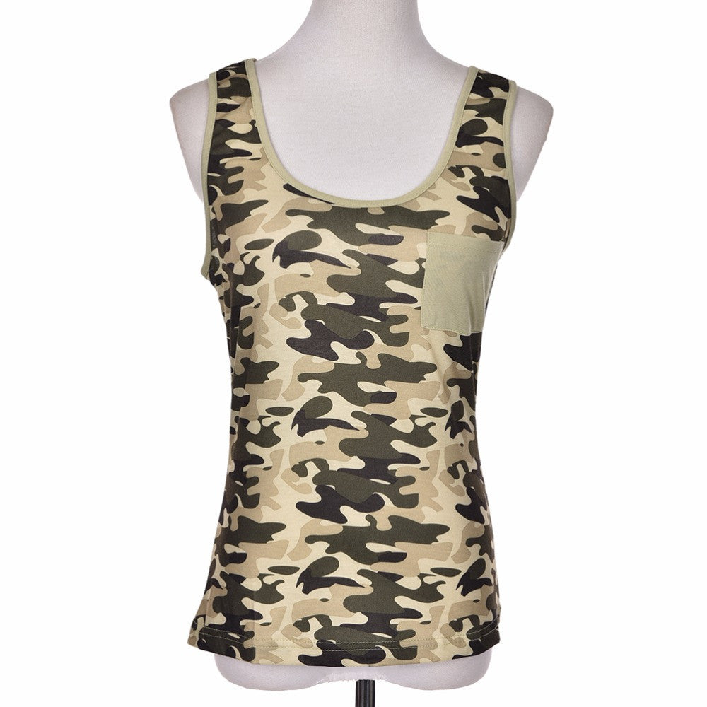 S-XXL Women Camouflage Tank Tops Lady Army Camo Sleeveless Vest Top Off Shoulder Camouflage T-Shirt Blouse with Pocket SM6