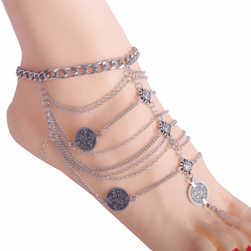 Antique Silver Anklet Coin Tassel Leg Bracelet For Women To Beach Ankle Chaine Women Foot Chain Anklets SM6