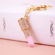 Lipstick Rhinestone Crystal Keyring Charm Pink Pendant Car Gold KeyChain For Woman Gift SM6