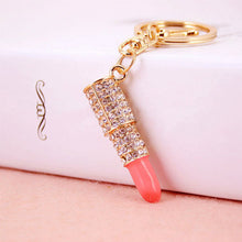 Lipstick Rhinestone Crystal Keyring Charm Pink Pendant Car Gold KeyChain For Woman Gift SM6
