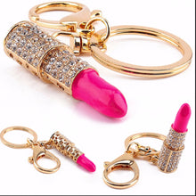 Lipstick Rhinestone Crystal Keyring Charm Pink Pendant Car Gold KeyChain For Woman Gift SM6