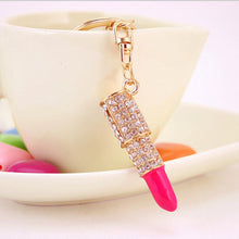 Lipstick Rhinestone Crystal Keyring Charm Pink Pendant Car Gold KeyChain For Woman Gift SM6