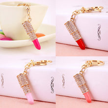 Lipstick Rhinestone Crystal Keyring Charm Pink Pendant Car Gold KeyChain For Woman Gift SM6