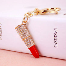 Lipstick Rhinestone Crystal Keyring Charm Pink Pendant Car Gold KeyChain For Woman Gift SM6