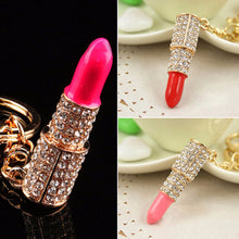 Lipstick Rhinestone Crystal Keyring Charm Pink Pendant Car Gold KeyChain For Woman Gift SM6
