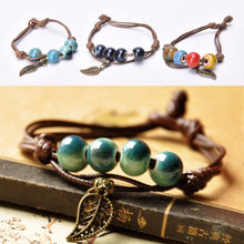 Braided Bronze Leaf Beads Features Ceramic Vintage Pendant Bracelet Jewelry SM6