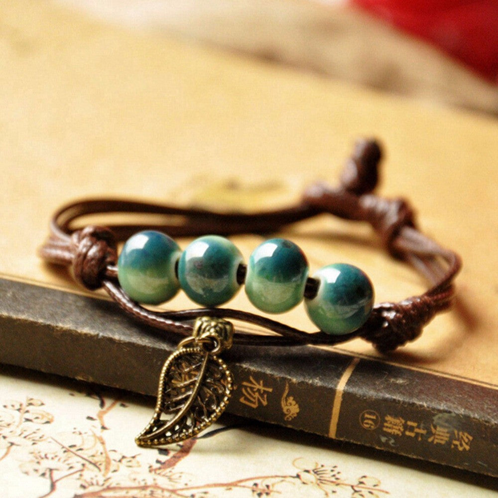 Braided Bronze Leaf Beads Features Ceramic Vintage Pendant Bracelet Jewelry SM6