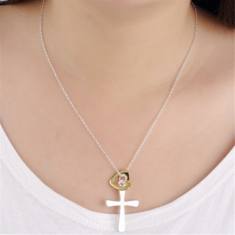Women Silver Plated Jewelry Chains Necklace Dichroic Heart Cross Pendant Necklaces SM6