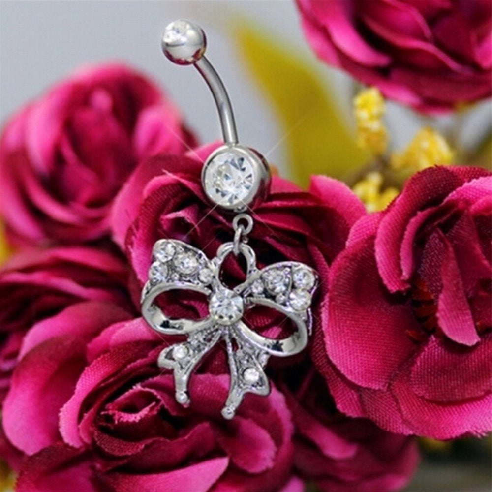 Piercing Navel Body Jewelry Surgical Steel Bowknot Design Rhinestone Belly Button Barbell Navel Ring Bar SM6
