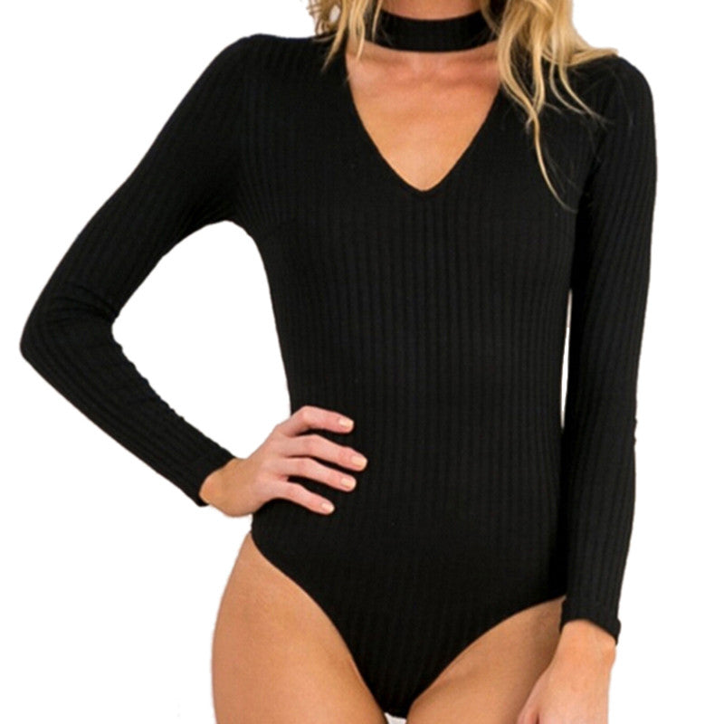 s 5 Colors Women Sexy High Neck V Long Sleeve Shoulder Ribbed Bodysuits Playsuits Rompers Jumpsuits  SM6