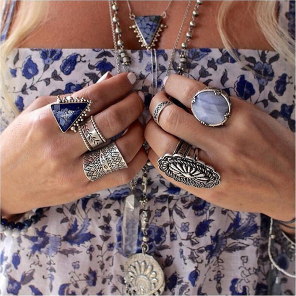 s Vintage Turkish Beach Punk Zircon Ring Ethnic Carved Totem Antique Silver Plated Boho Finger Ring Knuckle Charm Anelli SM6