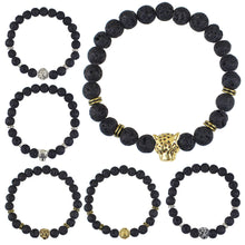 Black Beads Str  Bracelet Lava Rock Stone Animal Lion Leopard Tiger Head Bracelet Men's Bracelet Retro Vintage SM6