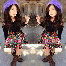 2-7Y Girls Clothing Sets 2pcs Black Long Sleeve Shoulder Off TopFloral Skirt Baby Clothes Dress SM6