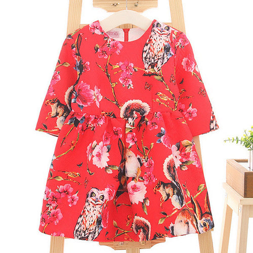 2-8Y New Kids Children Girls Floral Owl Print Princess Dress One Piece Party DressesSM6