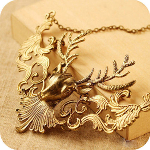 2 Colors s  Horn Collar Necklace Vintage Animal Deer Head Pendant Chain Necklaces Gifts SM6