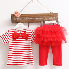 2 Pieces Kid Girls Clothes Set Stripe Bow Top T-shirtTutu Skirt Leggings Culottes Outfit Clothing Sets SM6