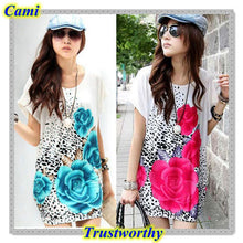 2014Popular Women Short Sleeves Loose Rose Print Dress T Shirt Blouse Fashion Summer Alice8 SM6