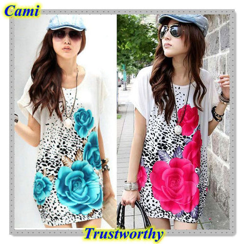2014Popular Women Short Sleeves Loose Rose Print Dress T Shirt Blouse Fashion Summer Alice8 SM6