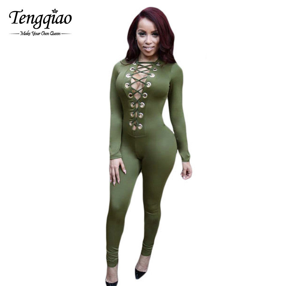 Style Long Sleeve Rompers  Jumpsuit Sexy Bodycon Jumpsuit Club Nightclub Green Playsuits One Piece Outfits SM6