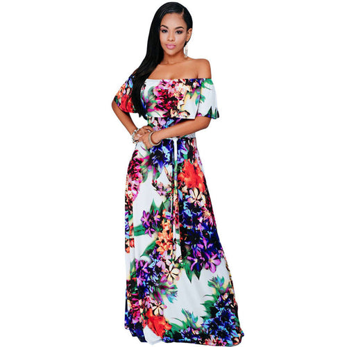African Floral Print Dresses Tunic Beach Floor Length Dress Evening Slash Neck Elegant Party  Casual Long Dress SM6