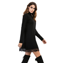 And Women High Neck Dress Lace Trim Long Sleeve Casual Party Clubwear European Style Mini Dress Black SM6