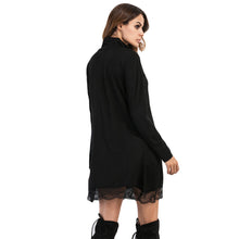 And Women High Neck Dress Lace Trim Long Sleeve Casual Party Clubwear European Style Mini Dress Black SM6