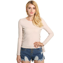 And Women Pink Sweater Lace Up Solid Blouse O-Neck Long Sleeves Pullover Casual Elegant Ladies Slim Top Shirt SM6