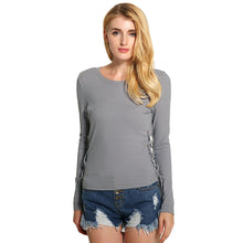 And Women Pink Sweater Lace Up Solid Blouse O-Neck Long Sleeves Pullover Casual Elegant Ladies Slim Top Shirt SM6