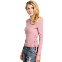 And Women Pink Sweater Lace Up Solid Blouse O-Neck Long Sleeves Pullover Casual Elegant Ladies Slim Top Shirt SM6
