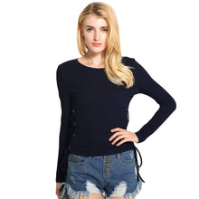 And Women Pink Sweater Lace Up Solid Blouse O-Neck Long Sleeves Pullover Casual Elegant Ladies Slim Top Shirt SM6