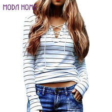 T Shirt Women Striped Tie Tops V-Neck Lace Up Long Sleeves Pullover Casual Top Shirt White Camisas Femininas SM6
