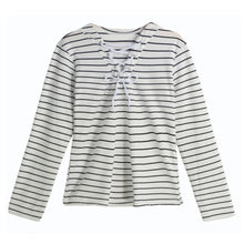 T Shirt Women Striped Tie Tops V-Neck Lace Up Long Sleeves Pullover Casual Top Shirt White Camisas Femininas SM6