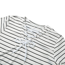 T Shirt Women Striped Tie Tops V-Neck Lace Up Long Sleeves Pullover Casual Top Shirt White Camisas Femininas SM6