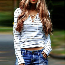 T Shirt Women Striped Tie Tops V-Neck Lace Up Long Sleeves Pullover Casual Top Shirt White Camisas Femininas SM6