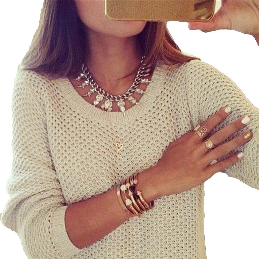 Women Knitted Jumper Solid Ribbed Design O Neck Tricot Woman Casual Sweater Beige Pull Sweter Mujer SM6