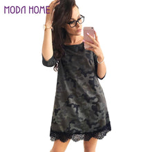 Women T-Shirt Dress Camouflage Print 34 Sleeve Tunique Lace Hem Sexy Casual Mini Dress Army Green SM6