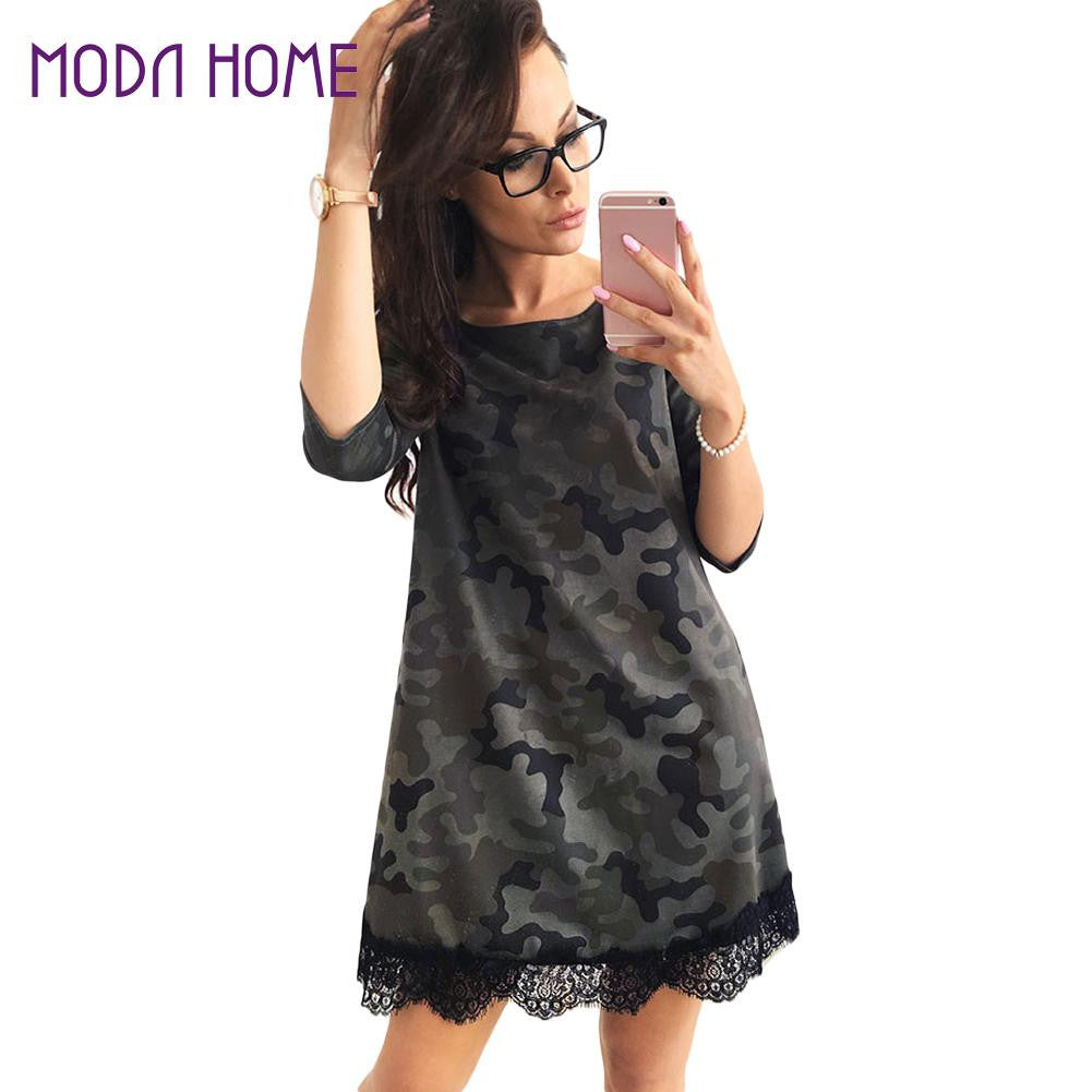 Women T-Shirt Dress Camouflage Print 34 Sleeve Tunique Lace Hem Sexy Casual Mini Dress Army Green SM6