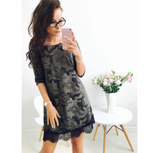 Women T-Shirt Dress Camouflage Print 34 Sleeve Tunique Lace Hem Sexy Casual Mini Dress Army Green SM6