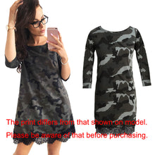 Women T-Shirt Dress Camouflage Print 34 Sleeve Tunique Lace Hem Sexy Casual Mini Dress Army Green SM6
